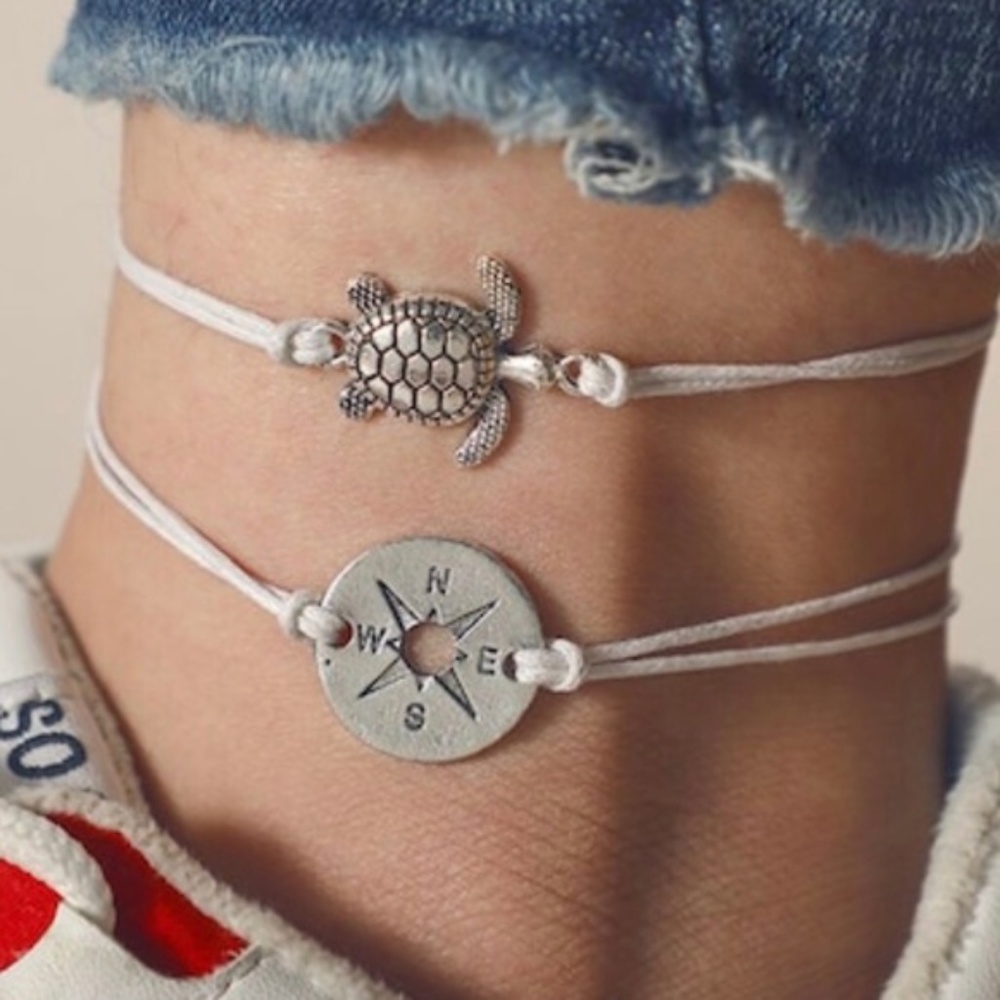 OCEAN DREAMS Silver Turtle and Compass Bracelet Set